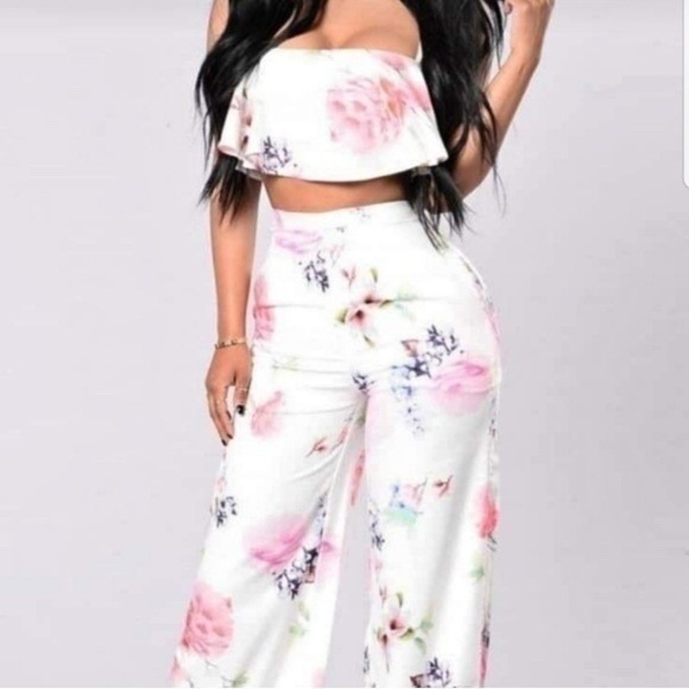 Coquette Floral Two Piece Set Fashion Nova Ruffle Crop Top Wide Leg Pants White